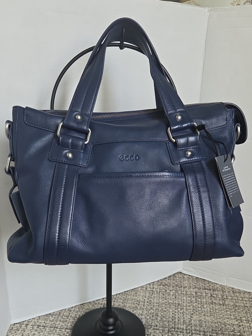 ECCO Navy Blue Hrained Leather Top-Handle Satchel Bag